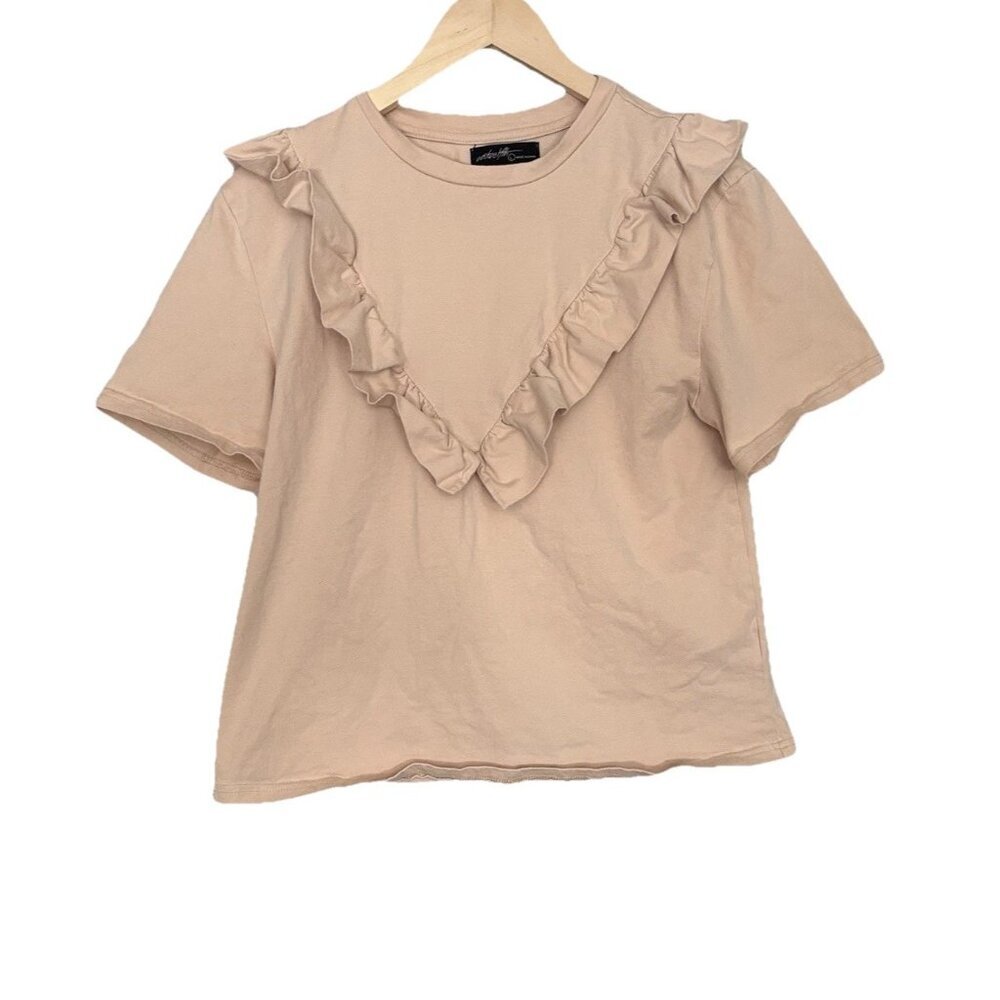 On Twelfth Beige Top Short Sleeve Shirt‎ With Frill Design Women’s Large Office